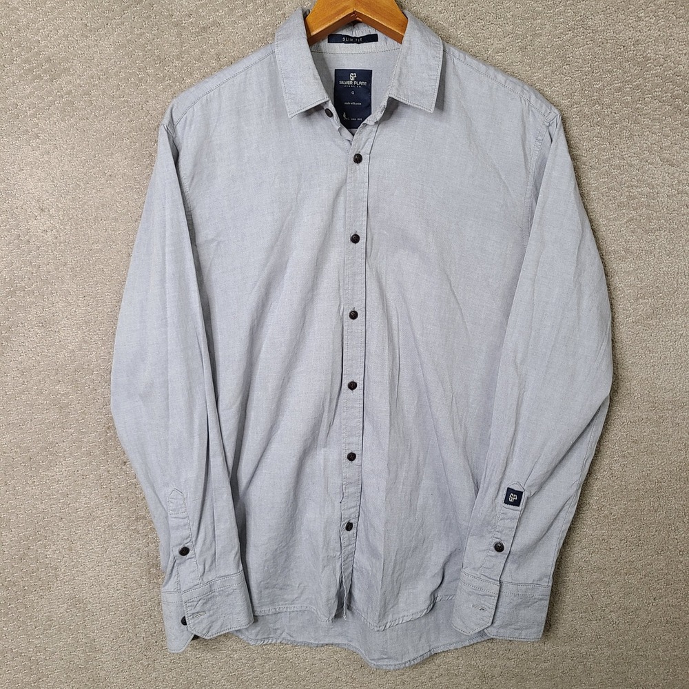 Silver Plate Shirt Men Large Gray Slim Fit Button Down Cotton Long Sleeve Casual